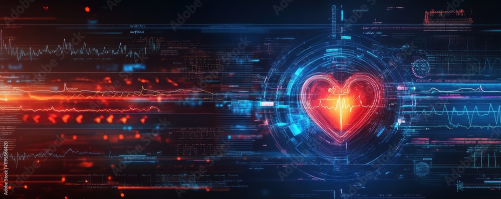 Poster futuristic heartbeat interface with glowing digital heart and ecg patterns