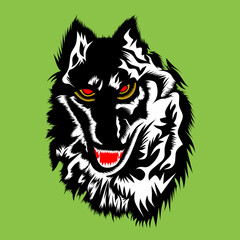 Vector graphic illustration of a wolf head with a fierce expression on a green background. Ideal for concept and branding designs.