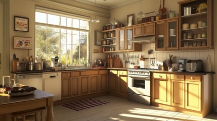 Kitchen interior with emphasis on countertops, backsplashes, and lighting elements.