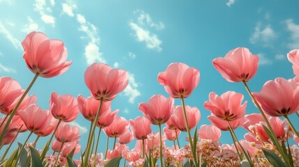 Fototapeta premium Vibrant pink tulips blooming under a clear blue sky in springtime