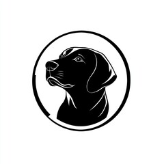 Black Labrador head, profile view, circle frame, white background, logo design