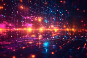 Bright neon lights illuminate a digital landscape with vibrant colors and dynamic patterns at night