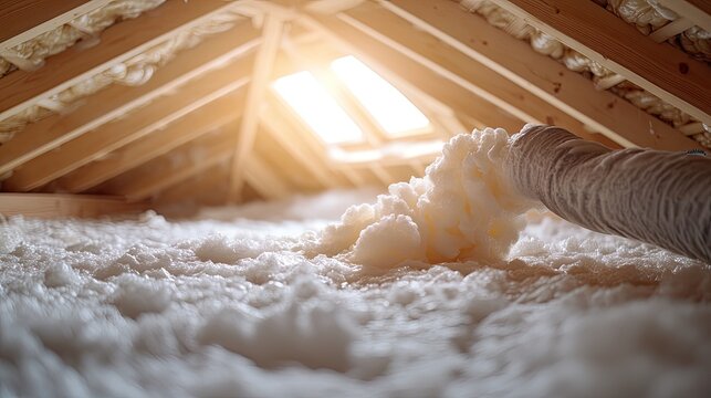 Construction worker insulating attic with polyurethane foam