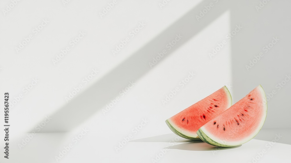 Poster Two triangular slices of fresh, ripe watermelon hover slightly above a white surface, casting subtle shadows from an unseen light source, creating a minimalist and refreshing summer scene