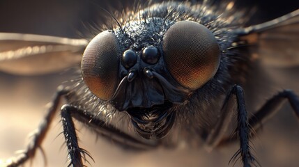 Detailed view of the eyes of a carrion fly in a macro photograph.