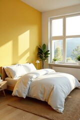 Sunlight Illuminates a Serene Bedroom with a Wooden Bed and White Bedding, Accented by a Mustard Yellow Wall and Potted Plants