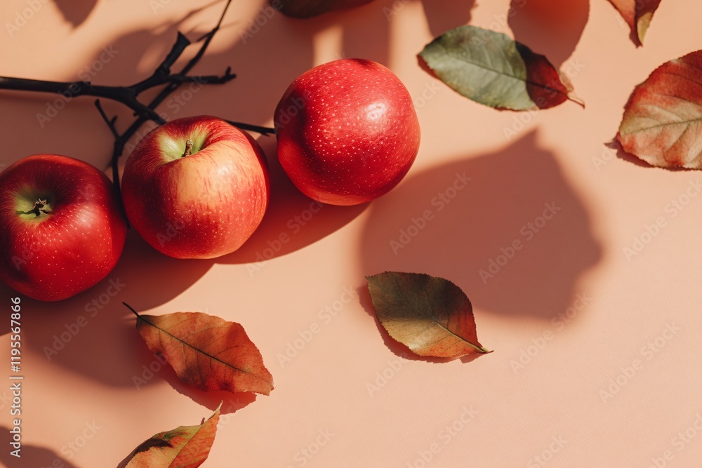 Poster red apples and autumn leaves creating a vibrant still life on pastel background