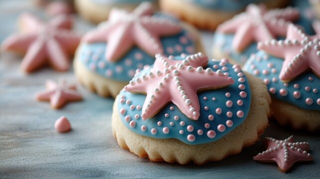 Colorful Starfish Cookies Decorated with Pink and Blue Icing on a Rustic Background for Ocean-Themed Celebrations and Events