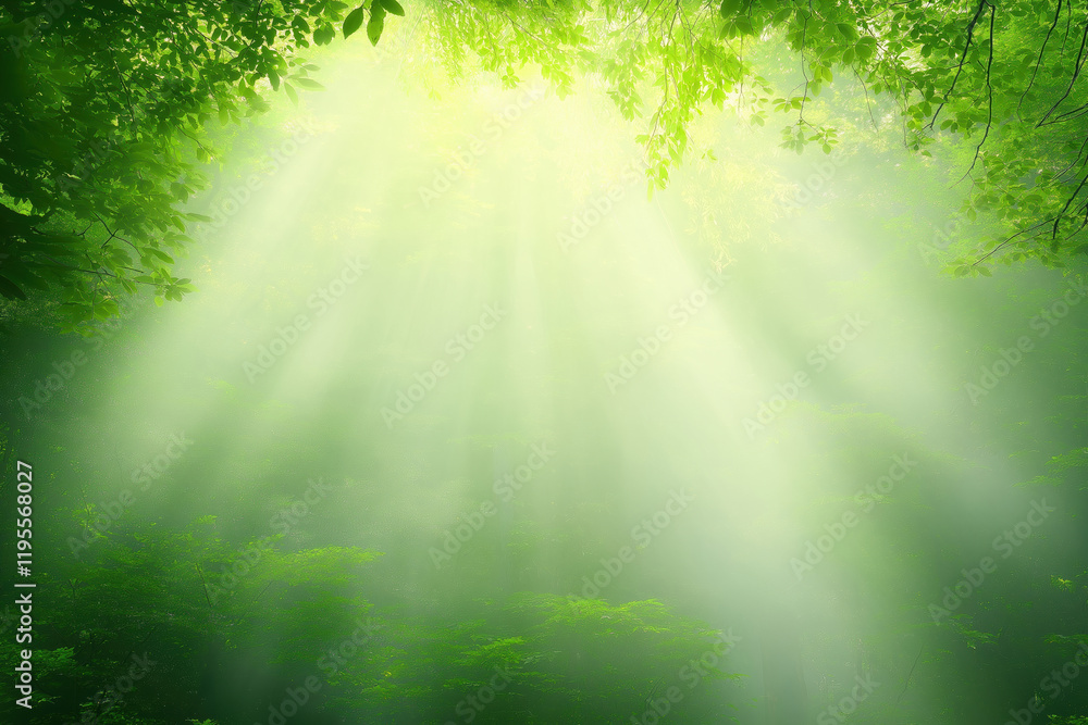 Poster sunlight filtering through a lush green forest creating a serene atmosphere