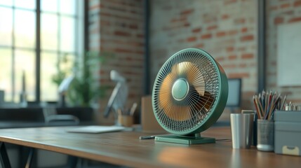 A vintage desk fan on a wooden office table in a bright workspace.