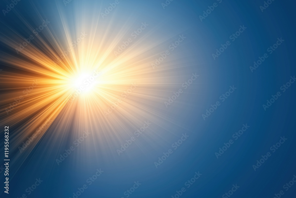Poster light rays emanate from the center against a blue gradient background in a vivid display
