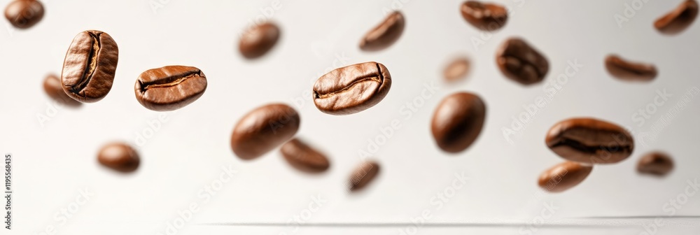 Poster roasted coffee beans are levitating on a white background, creating a dynamic and visually appealing