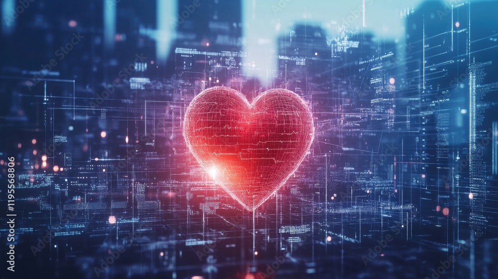 Poster glowing red heart with dynamic cardiogram illuminating the urban landscape at dusk. generative ai