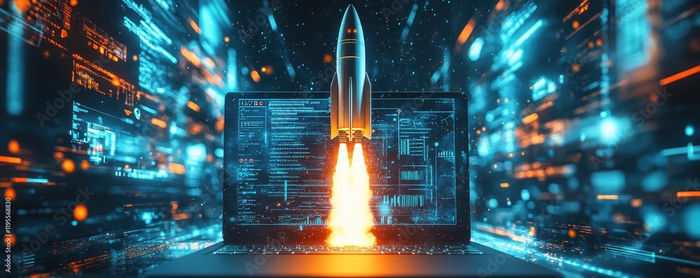 Aufkleber rocket launching from laptop displaying code in futuristic digital environment