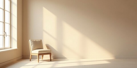 A single upholstered chair basks in the warm glow of sunlight streaming through a large window in a minimalist room with neutral-toned walls and light-colored hardwood floors.