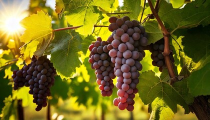 Naklejka premium Red grapes growing and ripening on a vine.