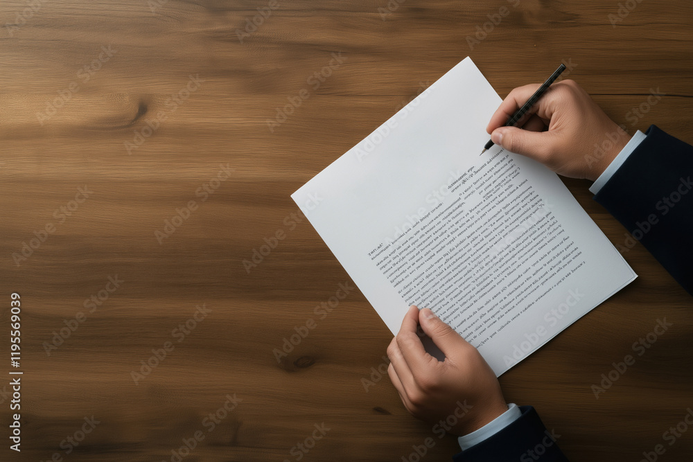 Poster writing a document on a wooden desk with focused attention on the text