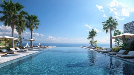 Fototapeta premium a pool with lounge chairs and umbrellas next to the ocean