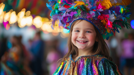 Fototapeta premium Caucasian little girl in Mardi Gras costume enjoying the festivities, copy space