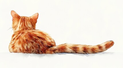 Ginger kitten resting and showing its back and tail in watercolor painting