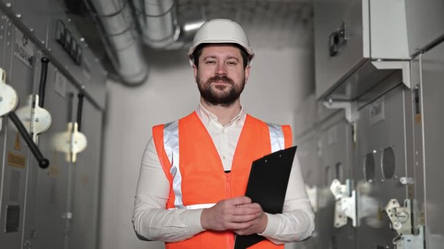 Serious electrical engineer stands in electrical control room and holds a clipboard. Electrical switchboard. Professional worker, electric power distribution, and energy supply concept.