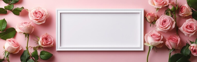 Obraz premium A beautiful floral arrangement with pink roses and a blank frame on a pastel background, ideal for Valentine's Day, Mother's Day, or wedding invitations.