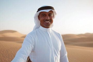 Smiling man in traditional attire enjoying the serene desert landscape during sunset