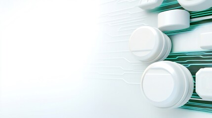 Abstract White Geometric Shapes Teal Circuit Background. AI Generated