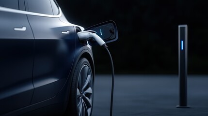 Close-up of an advanced electric car charging station featuring a holographic display and blue light against a dark backdrop