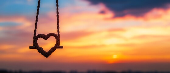 Heart-shaped swing against a colorful sunset.