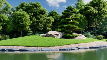 Serene landscape vivid green grass gently slopes to calm water bright sunlight bathes lush trees. AI Generated
