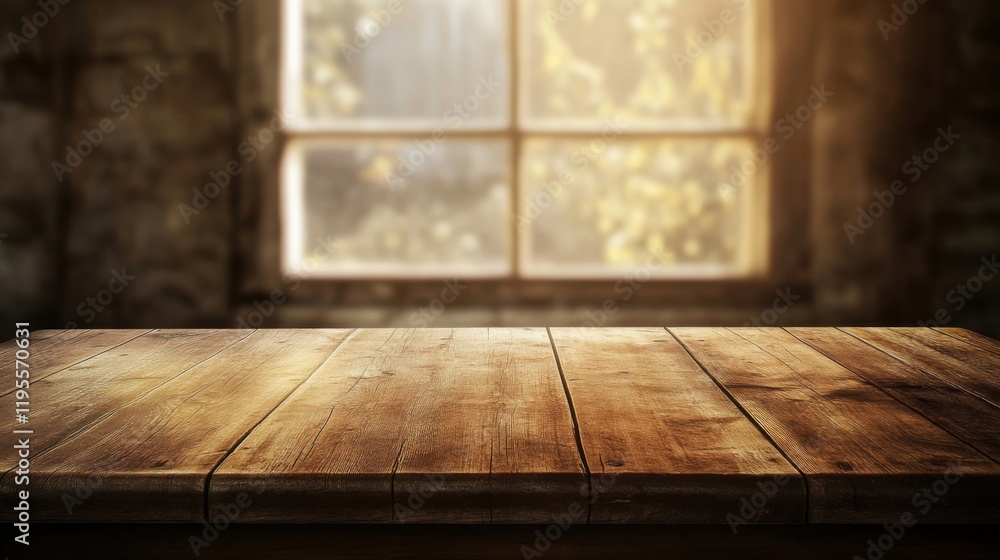 Poster a wooden table with a window in the background