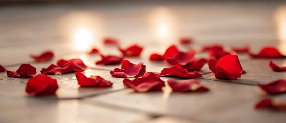 Romantic red rose petals scattered on floor.