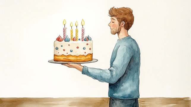 Young man holding birthday cake with lighted candles: watercolor illustration - Powered by Adobe