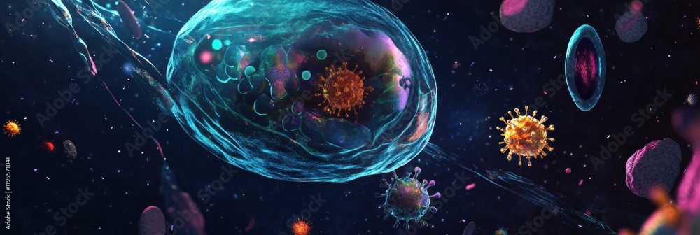 Poster magnified view illustrates human cell under assault from invading virus particles in a dynamic biolo