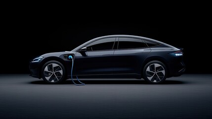 Close-up of an advanced electric car charging station featuring a holographic display and blue light against a dark backdrop