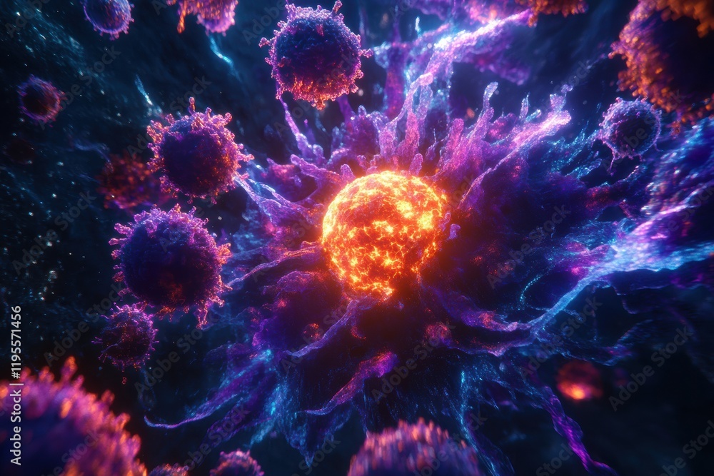 Leinwandbilder glowing cell surrounded by numerous menacing viruses during a microscopic exploration of biological 