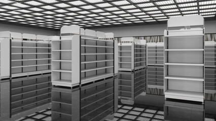 Store interior mockup with rows of shopping gondolas with empty shelves and rounded toppers. 3d illustration