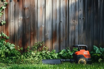 A battery-powered lawn trimmer cutting grass near a wooden fence.