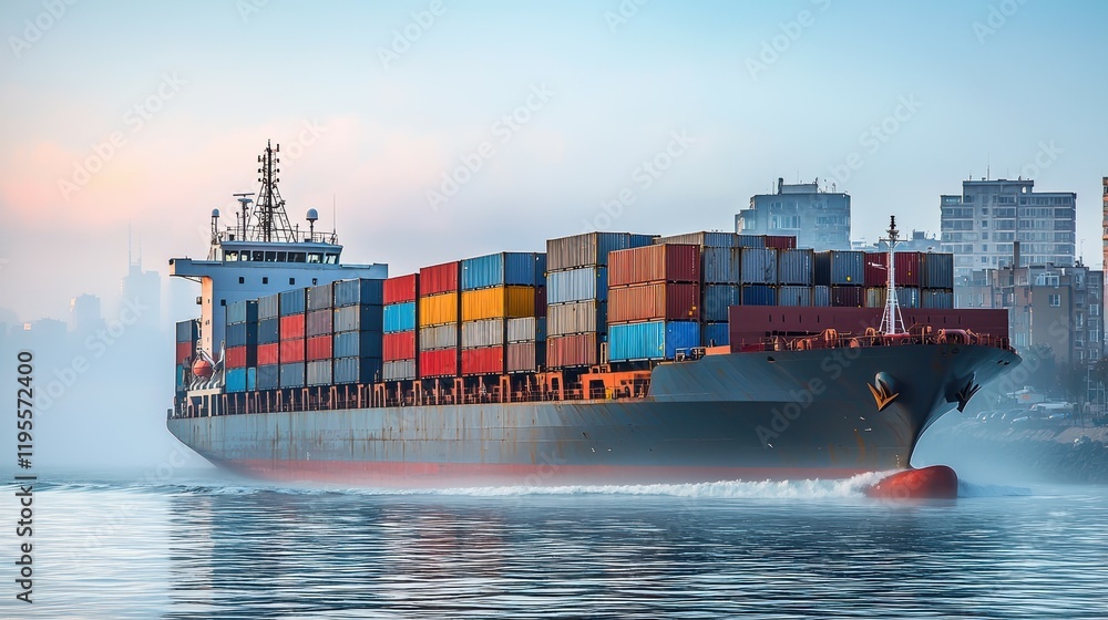 Poster a large container ship navigating through misty waters at dawn.