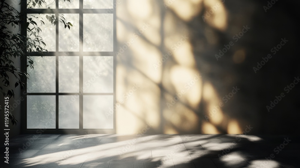 Poster sunlit room with large window casting leaf shadows on floor