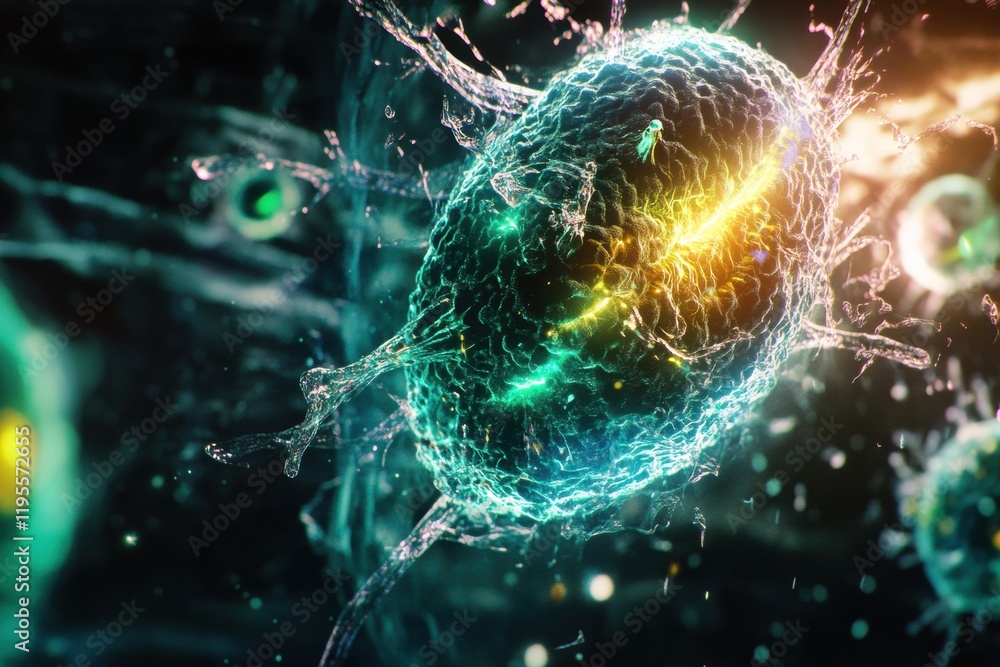 Poster Magnified human cell under attack by virus, showcasing intricate cellular details and interactions in a dynamic environment. Generative AI