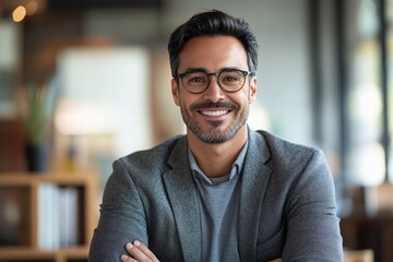 Obraz premium Portrait of smiling businessman wearing glasses with folded arms in office