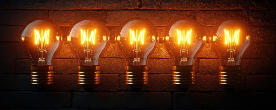 Five glowing vintage light bulbs against a brick wall in dim lighting