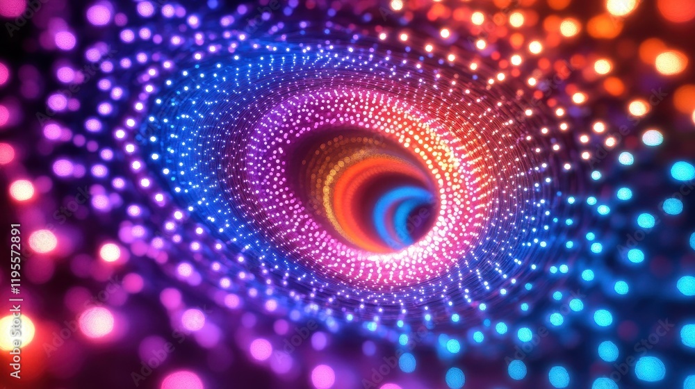 Poster colorful vortex of abstract illuminated dots in a spiral pattern