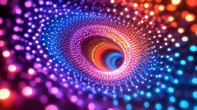Colorful vortex of abstract illuminated dots in a spiral pattern