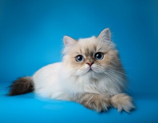 cute persian cream colorpoint cat is lying on a blue background