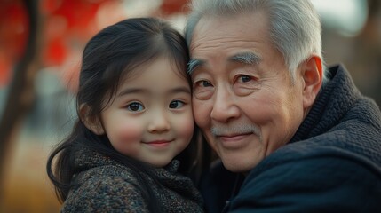 Elderly man and young girl smiling together in autumn setting