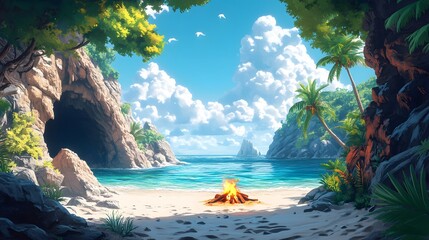 Playful and Colorful Representation of a Shipwreck Survivor by the Fire on a Tropical Island Beach