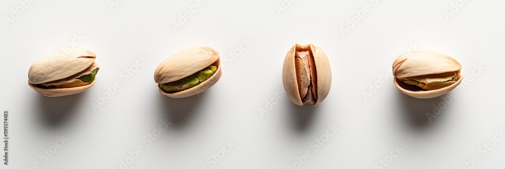 Poster four pistachios are levitating on a white background, showcasing different stages, from fully closed